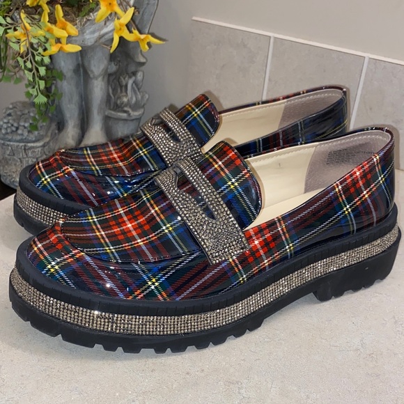 Jessica Simpson Everlynn Plaid Chunky Bling Loafers NWOT 8.5 - Picture 5 of 7